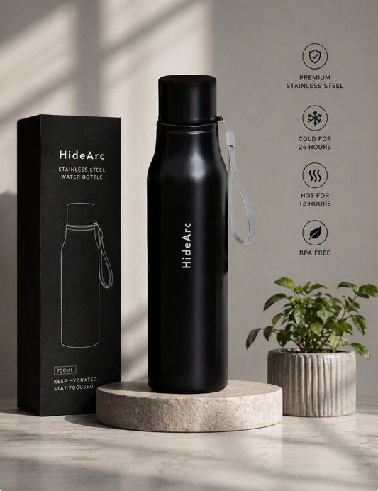 HideArc engraved water bottle with personalized design, stainless steel body, and secure screw-top lid for hydration on the go.